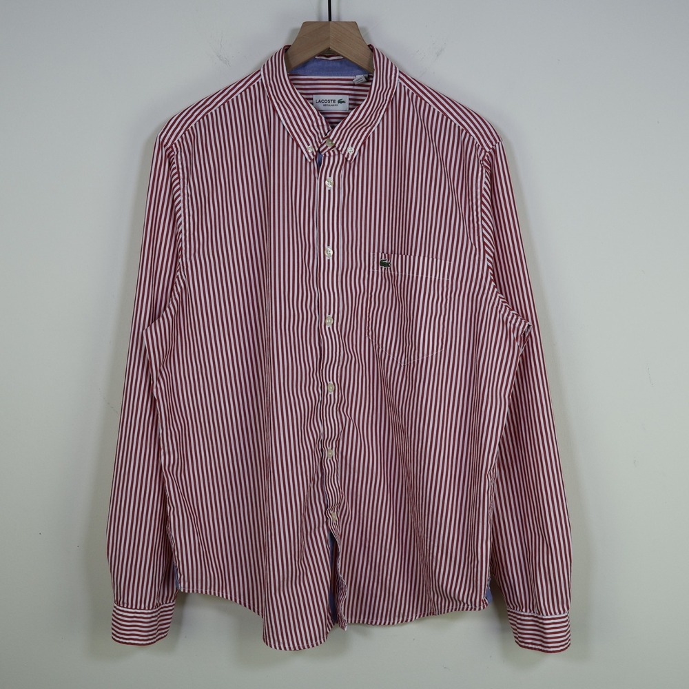 Lacoste Regular Fit Striped Button‎ Down Shirt XL Preppy Red White Cotton